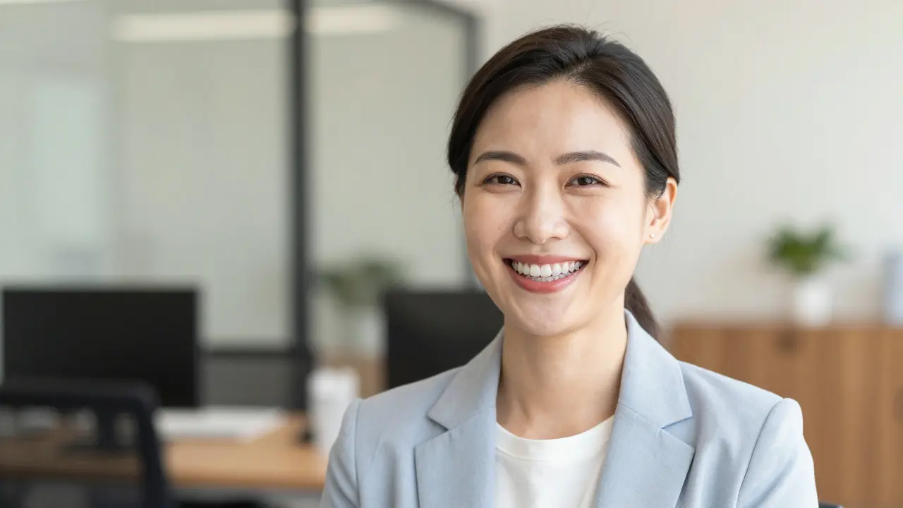 Usmívající se dospělý člověk s téměř neviditelnou rovnátkou v profesionálním prostředí.