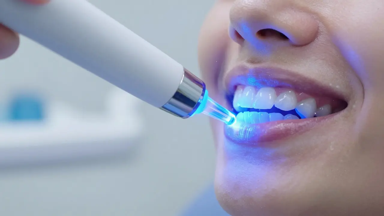 Zubní bělení pomocí moderního laseru s modrým světlem.