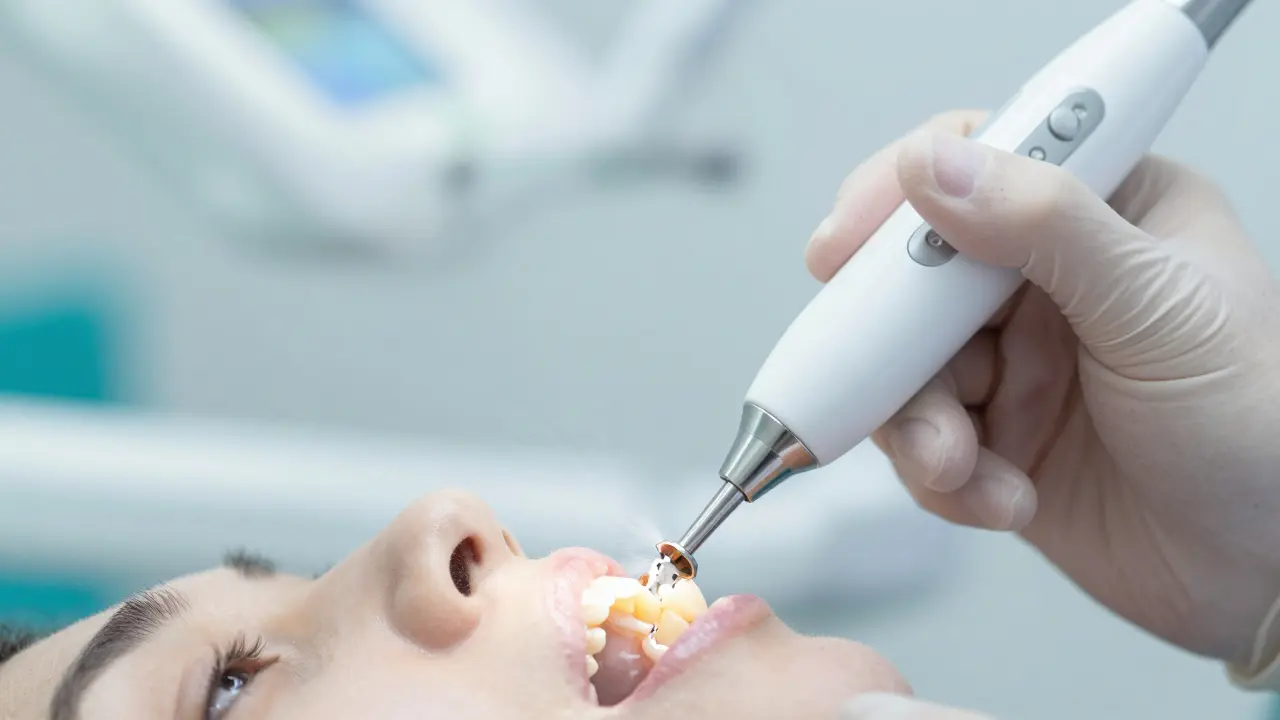 Zubní hygienistka používající ultrasonický scaler k odstranění kamene.