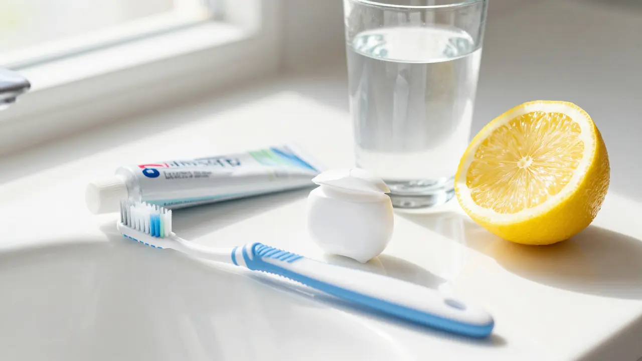 Zubní kartáček, nit a pasta na bílém umyvadle