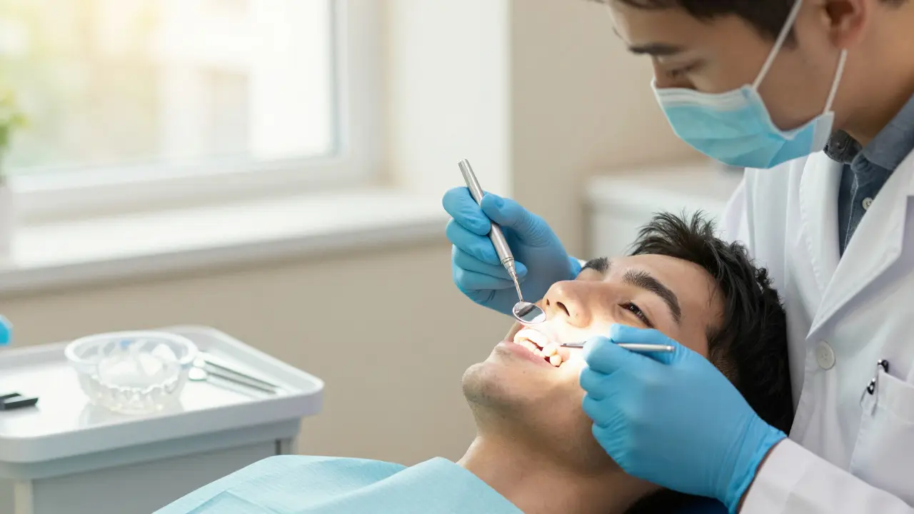 Zubní léčení s chráničem a nástroji na zdravotnickém stole.