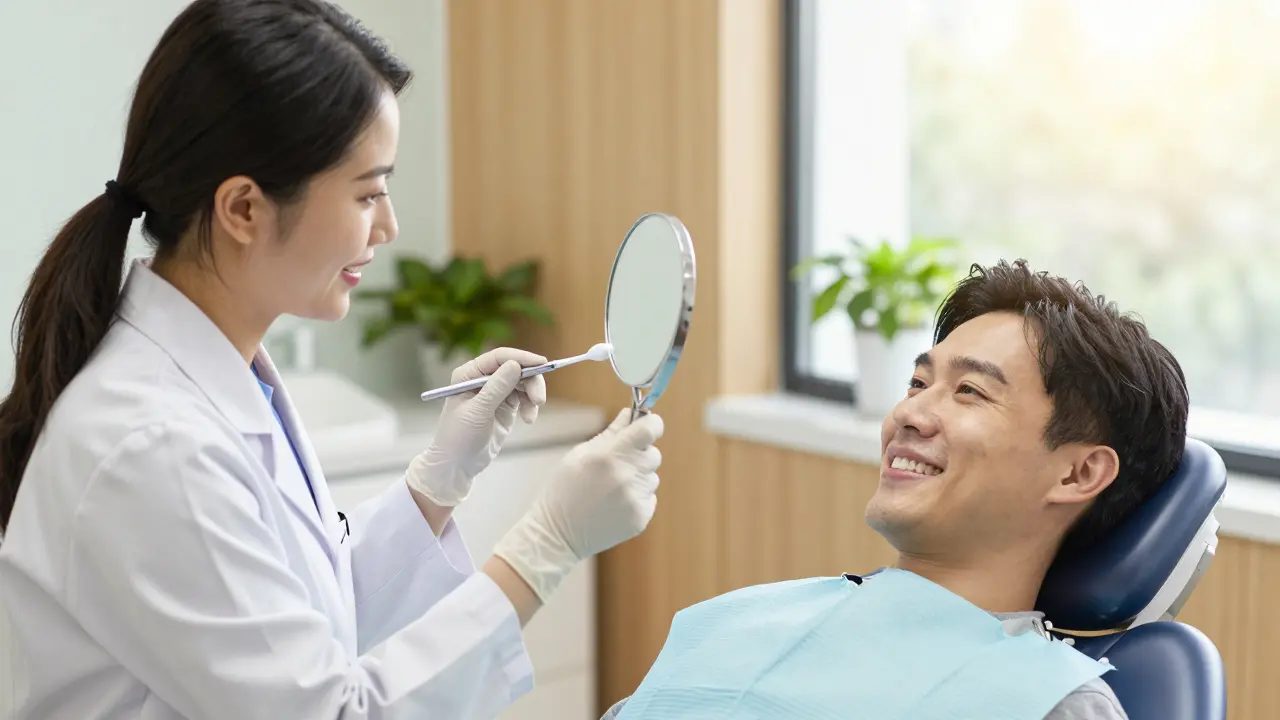 Dentální hygienistka ukazuje pacientovi správnou techniku