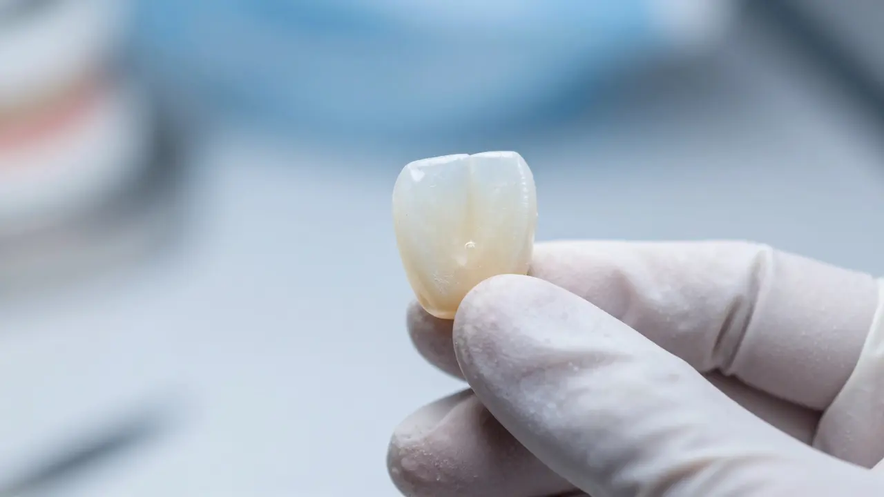 Detail keramické fazety držené v lékařské rukavici