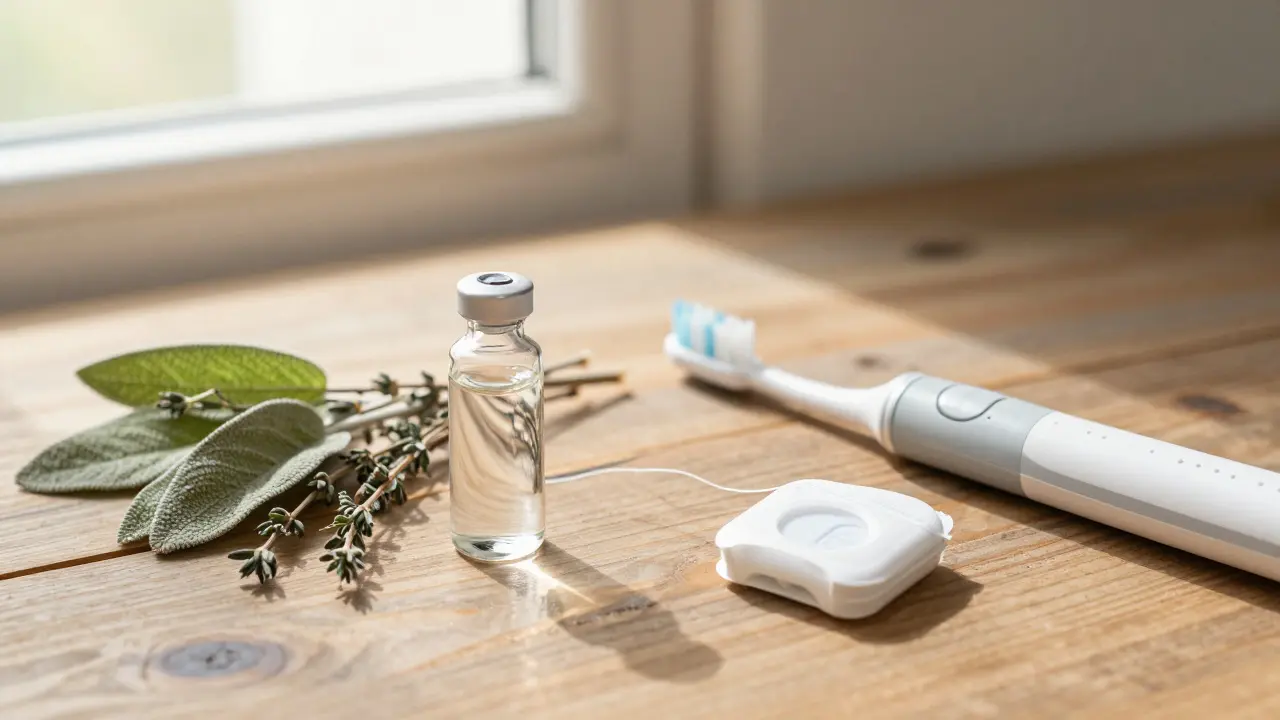 Homeopatická lahvička a bylinky vedle kartáčku a nitě pro ústní hygienu.