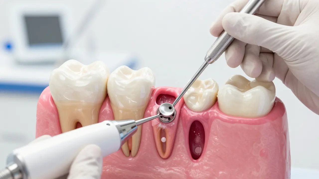 Křížový řez zobrazující sondu měřící hloubku kapsy a ultrazvukovou škrabku