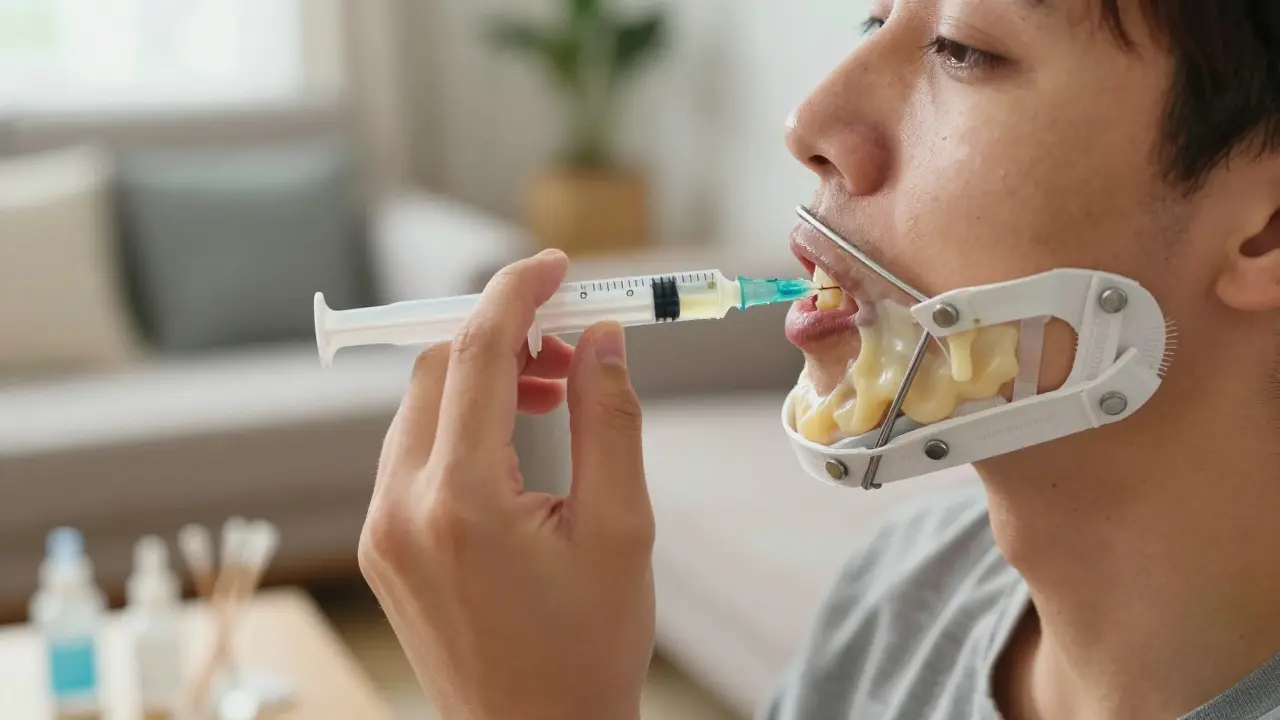 Krmění pacienta se sevřenou čelistí pomocí stříkačky a nutriční stravy