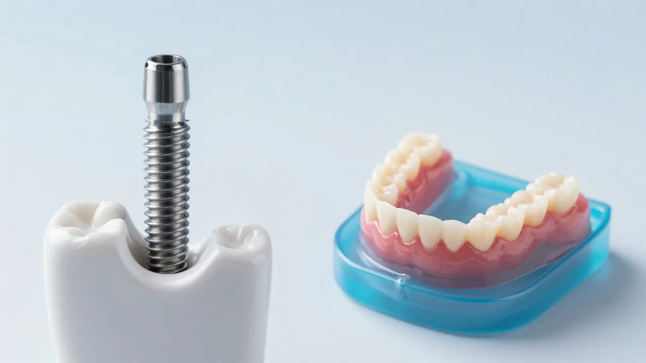 Srovnání zubního implantátu a snímatelné protézy