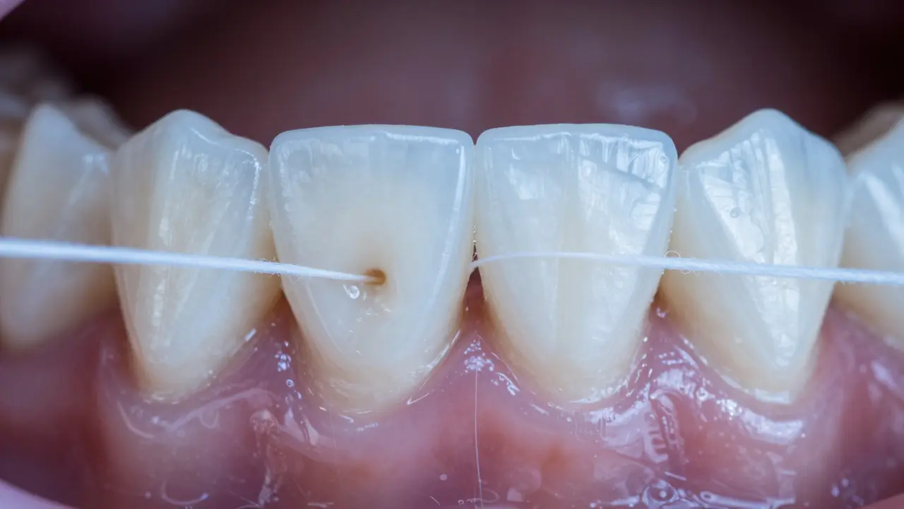 Záběr mezi dvěma zuby s tmavou skvrnou a dentální nití ilustrující mezizubní kaz.