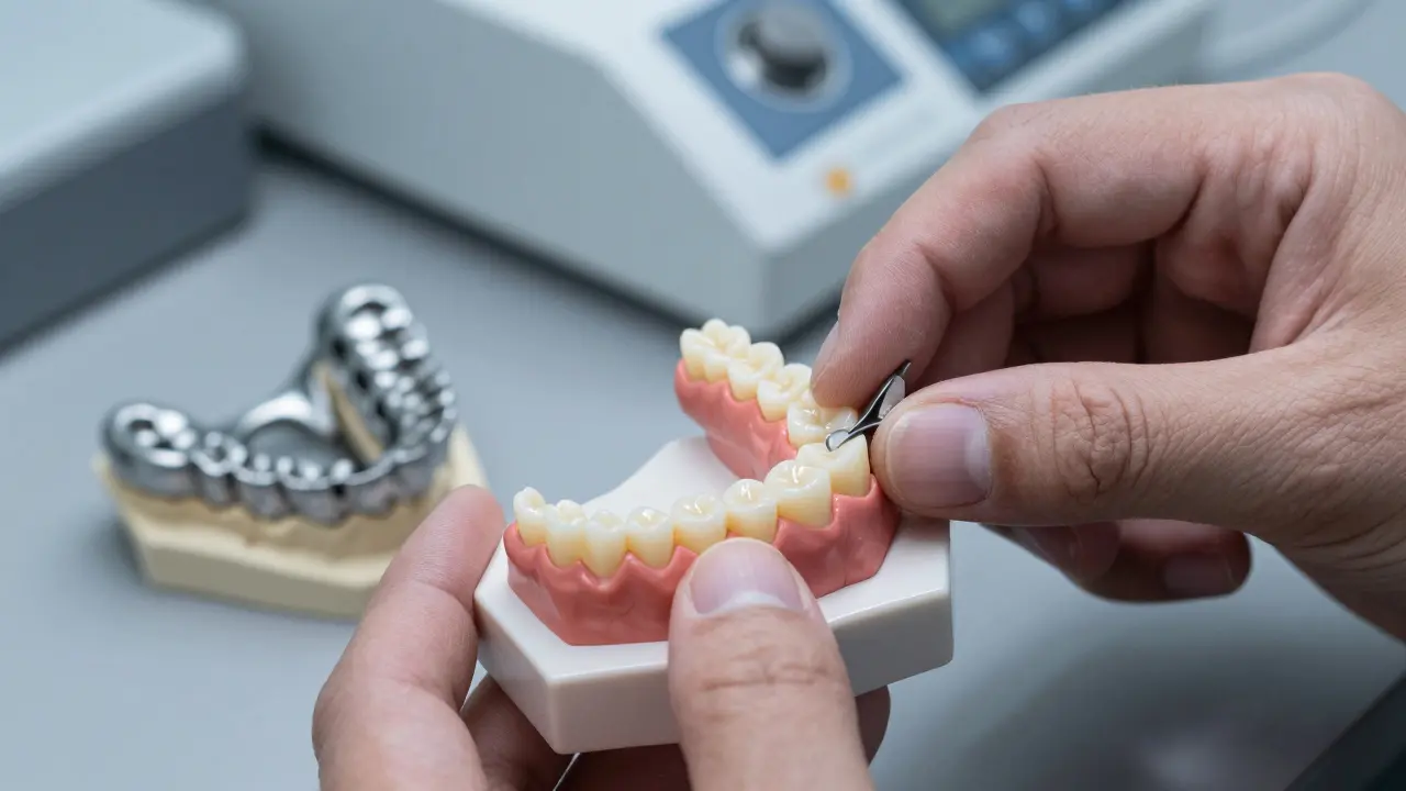 Zubní technik upravuje keramické zuby v laboratoři