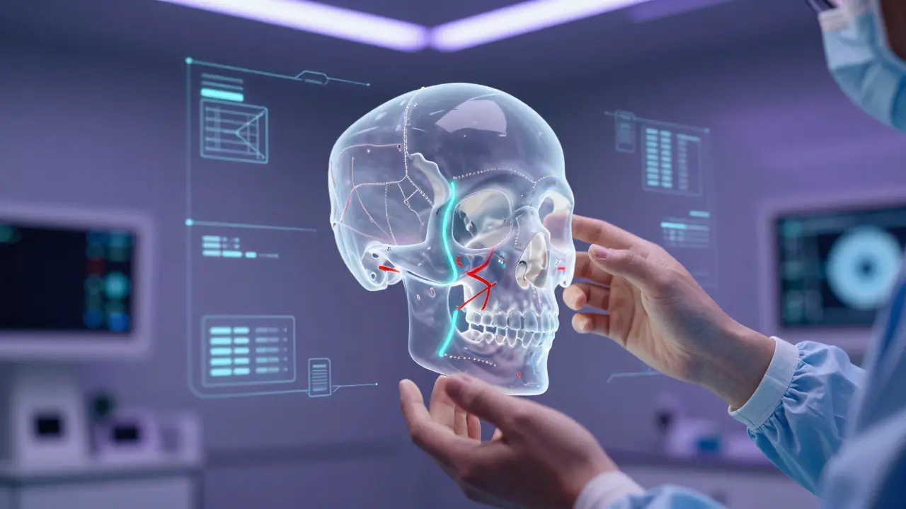 Chirurg pracuje s holografickým 3D modelem lebky pro plánování operace