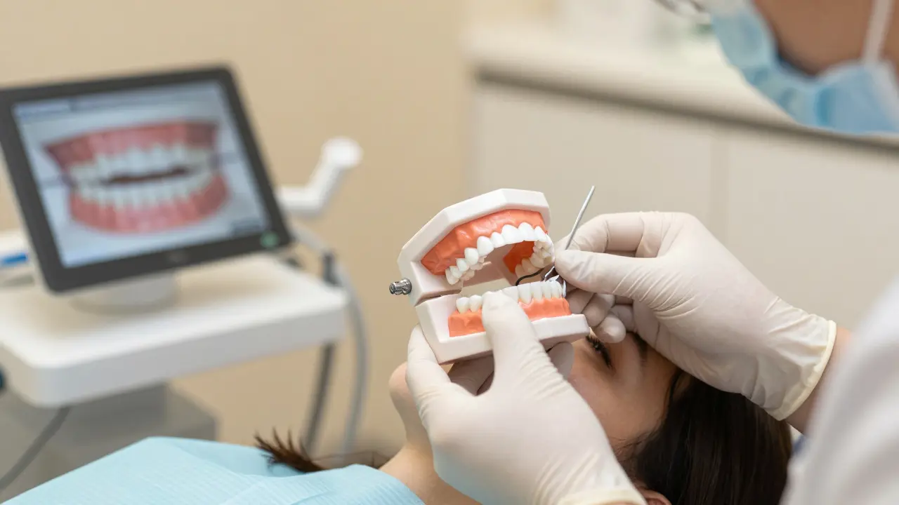 Dentista zkouší dočasný model úsměvu na pacientovi