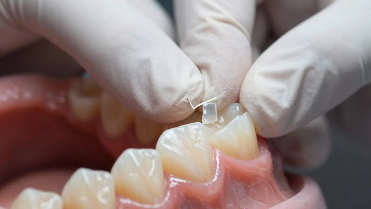 Detailní záběr aplikace tenkého porcelánového laminátu na zub