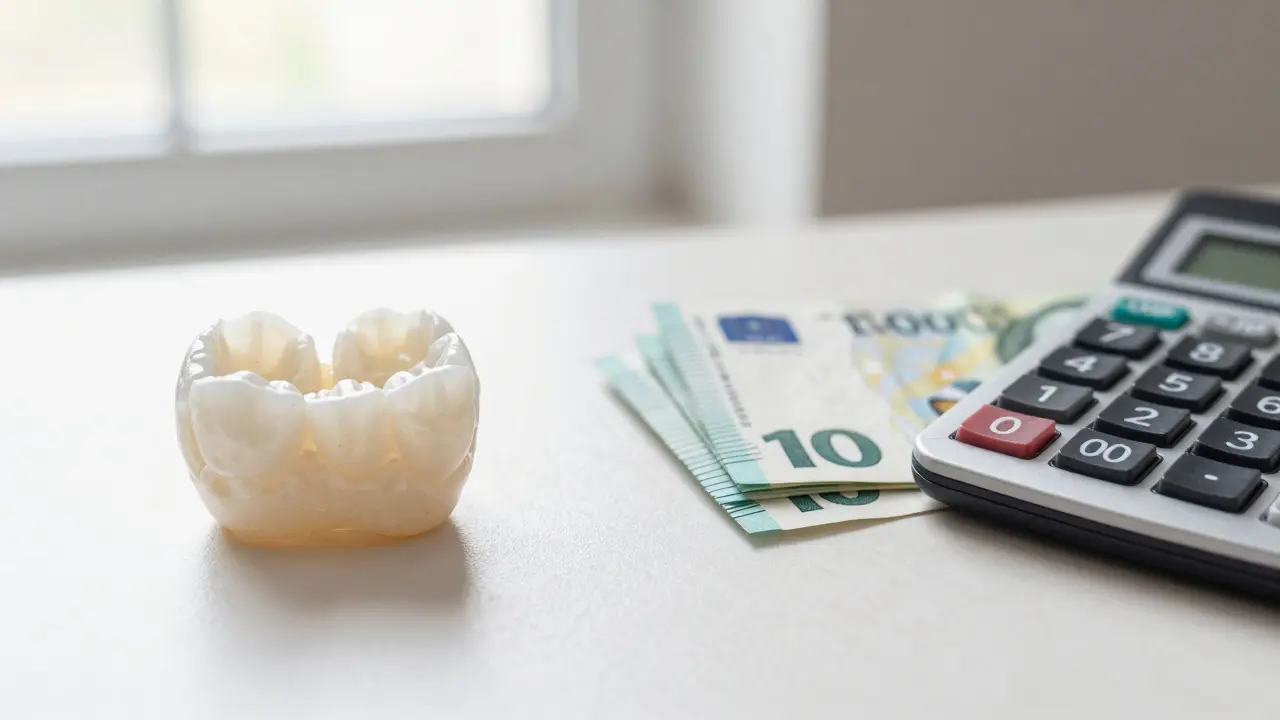 Keramická zubní korunka vedle hromádky peněz a kalkulačky