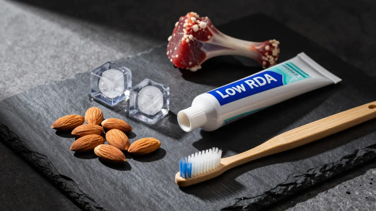 Oříšky a led vedle pasty pro citlivé zuby jako příklad péče