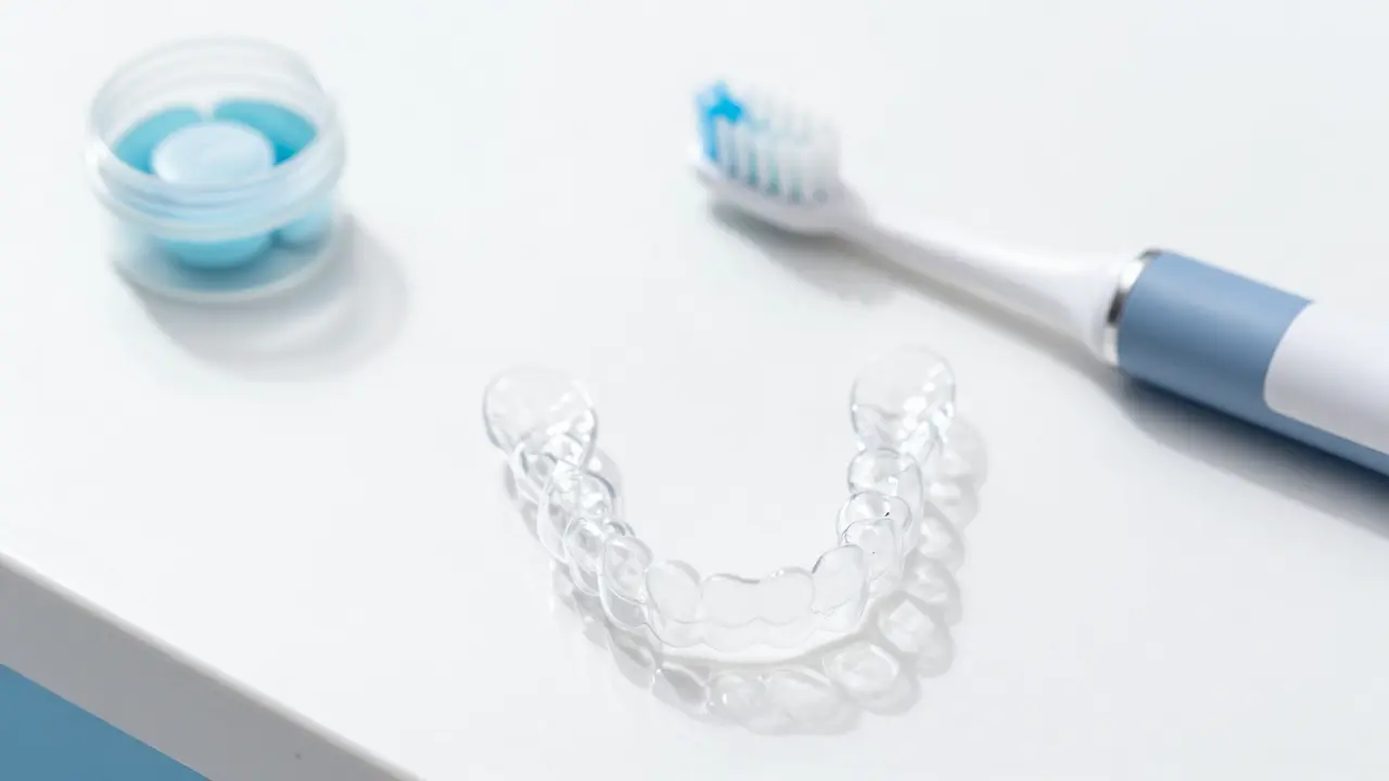 Průhledná snímací rovnátka na čistém stole s hygienickými potřebami