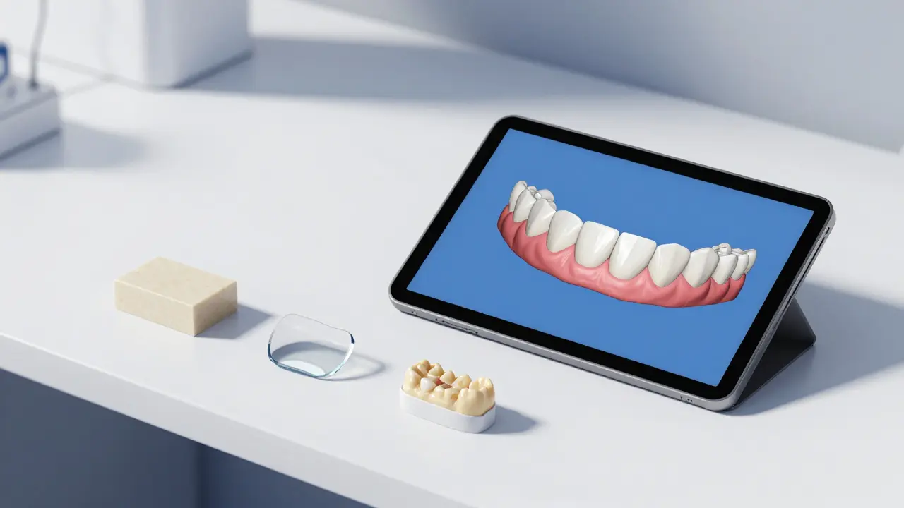 Ukázky keramických materiálů a digitální návrh úsměvu