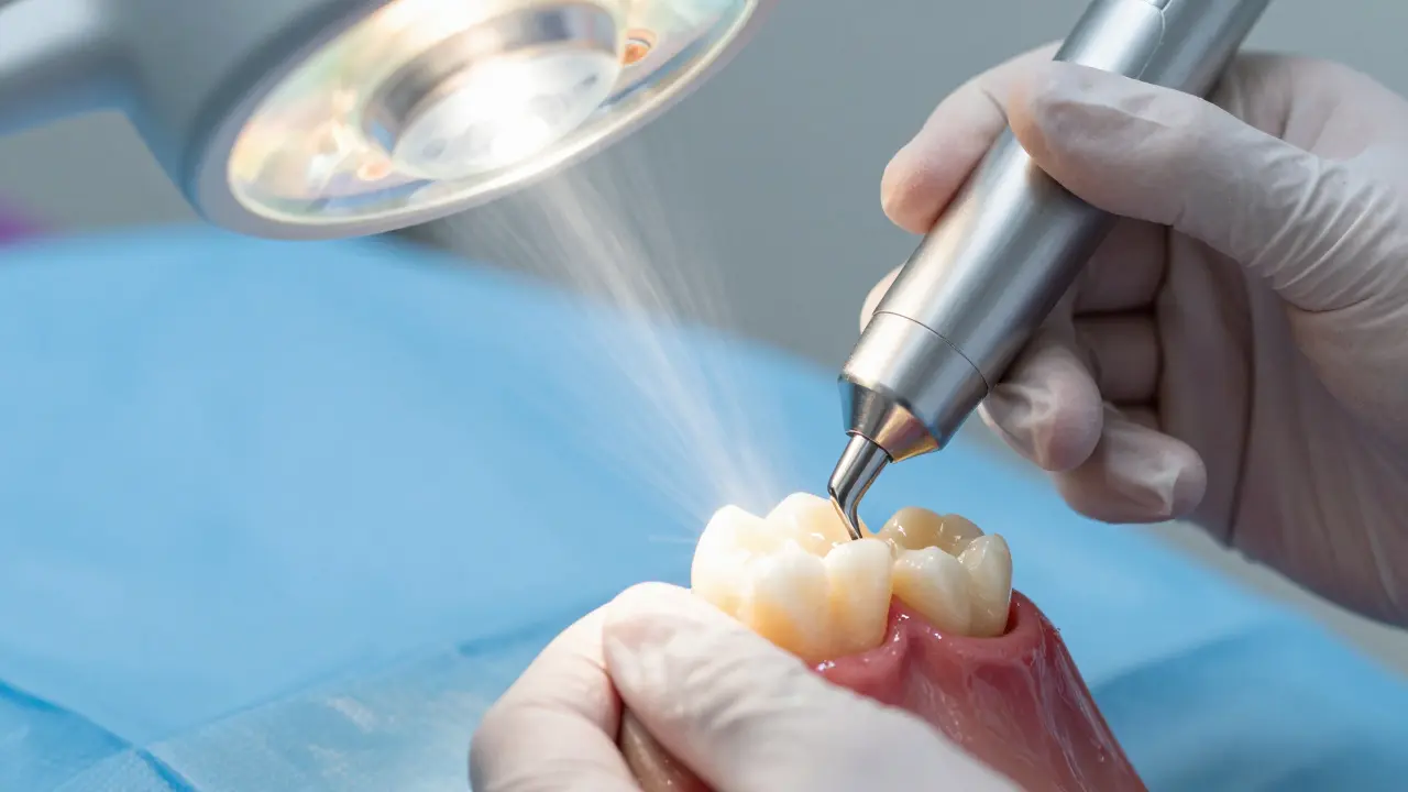 Ultrazvuková špička čistící zub pod proudem vody při profesionální hygieně