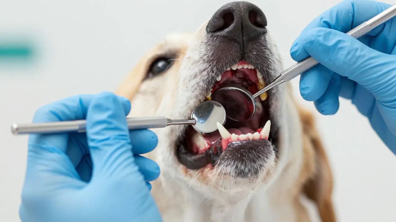 Veterinář vyšetřuje zuby psa s viditelným zubním kamenem a zánětem dásní