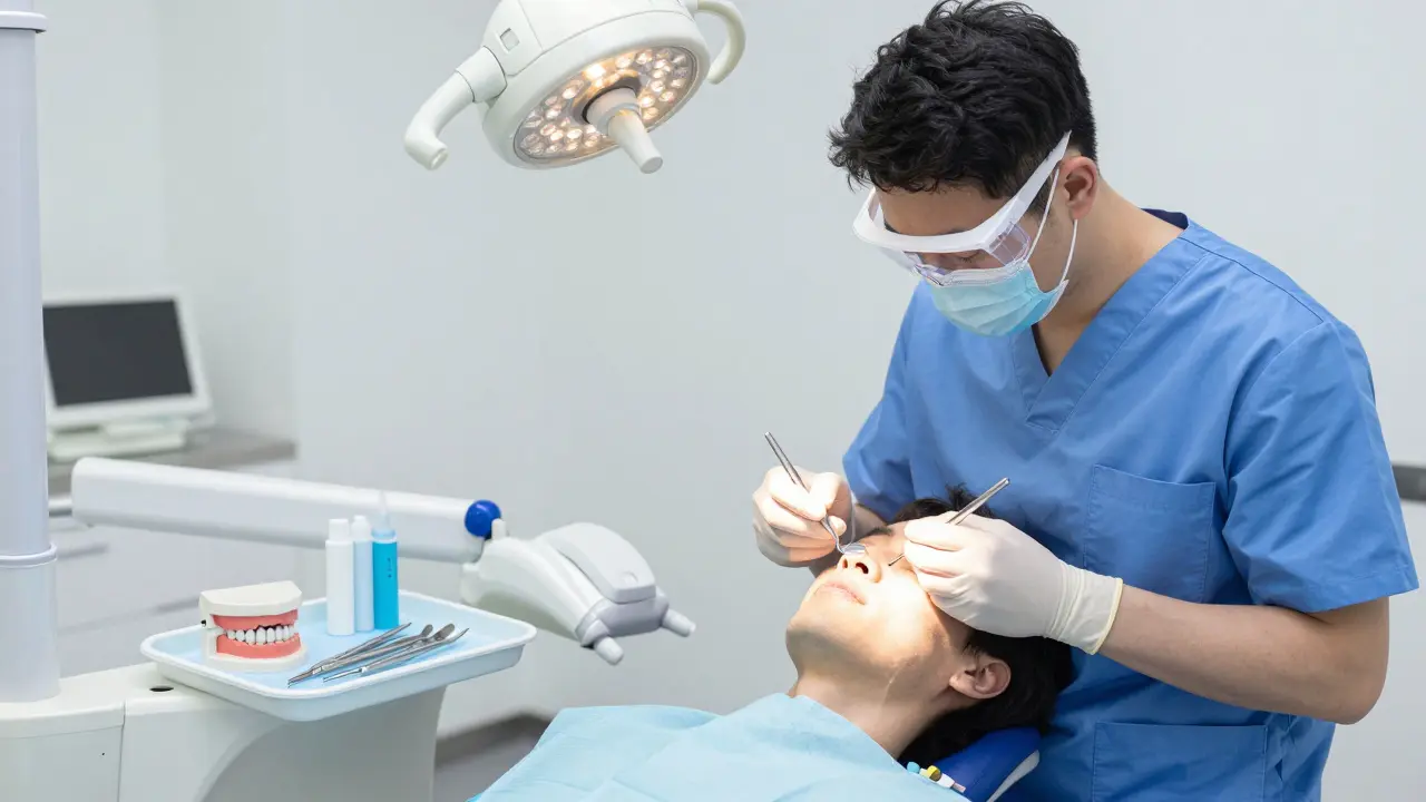 Zubní lékař vyšetřuje pacienta v moderní ordinaci s nástroji na obnovu