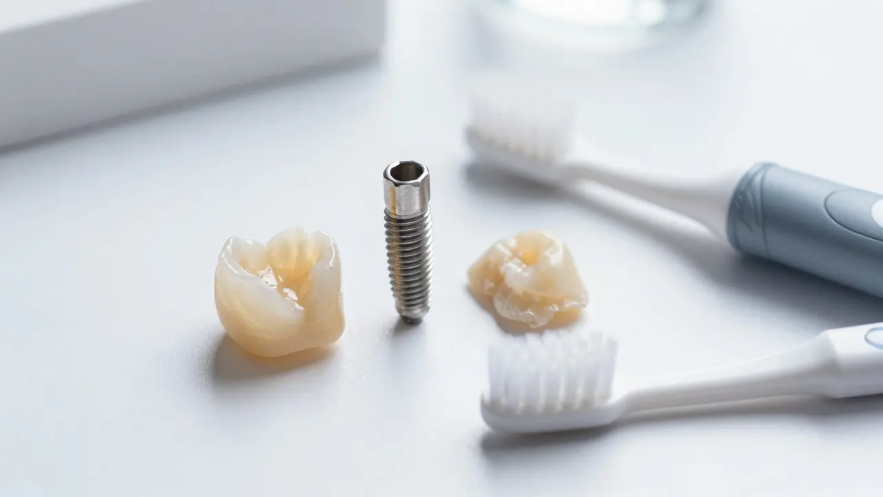 Keramická korunka, implantát a hygienické pomůcky na stolu