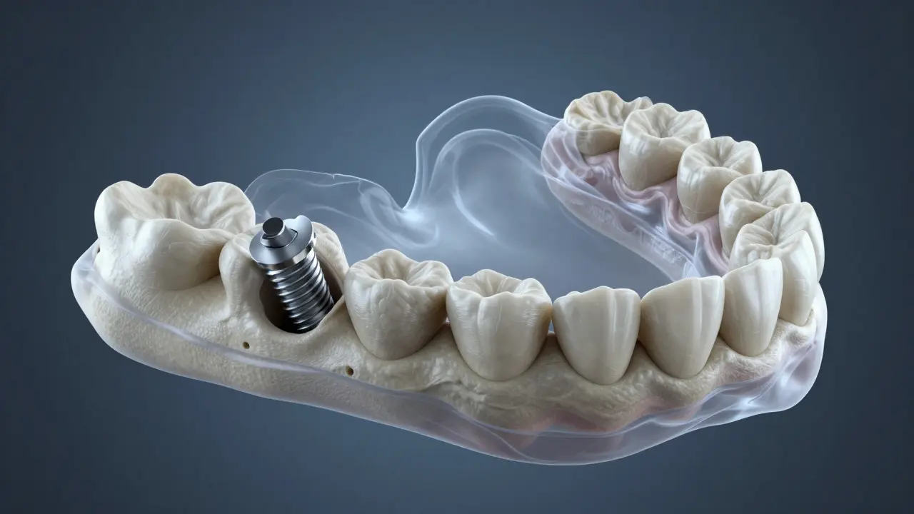 Porovnání kosti s implantátem a bez něj v průřezu
