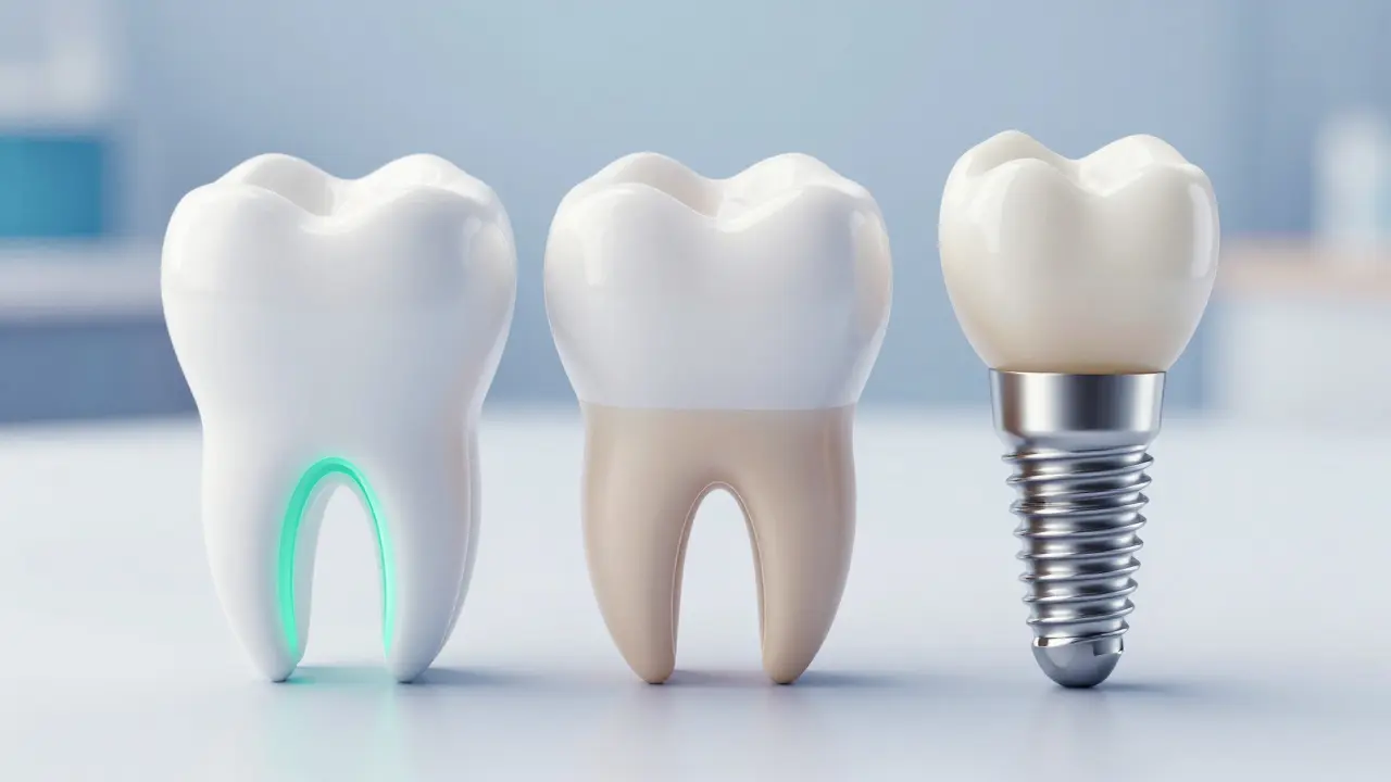 Srovnání řešení: léčba nervu, koruna a implantát