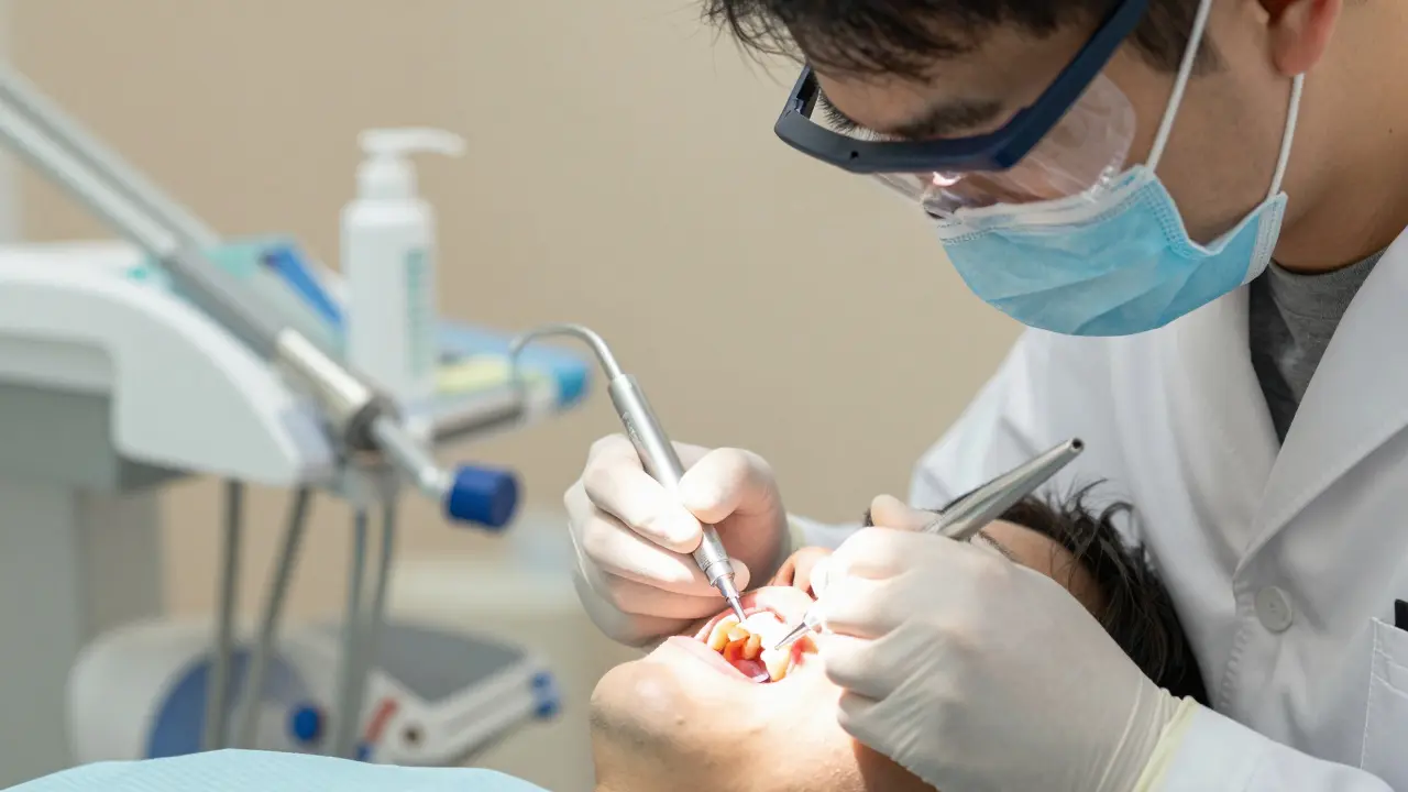 Zubní lékař provádí endodontickou léčbu v moderní ordinaci