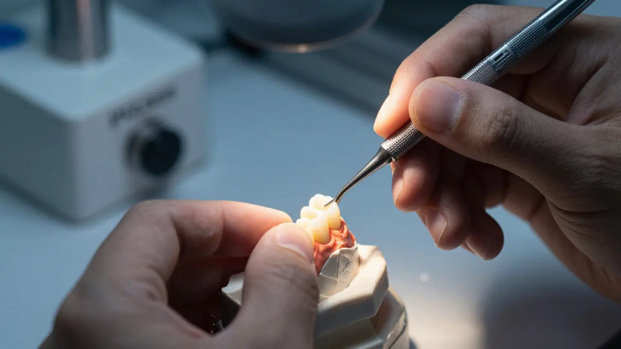 Zubní technik tvaruje porcelánovou fazetu v laboratoři