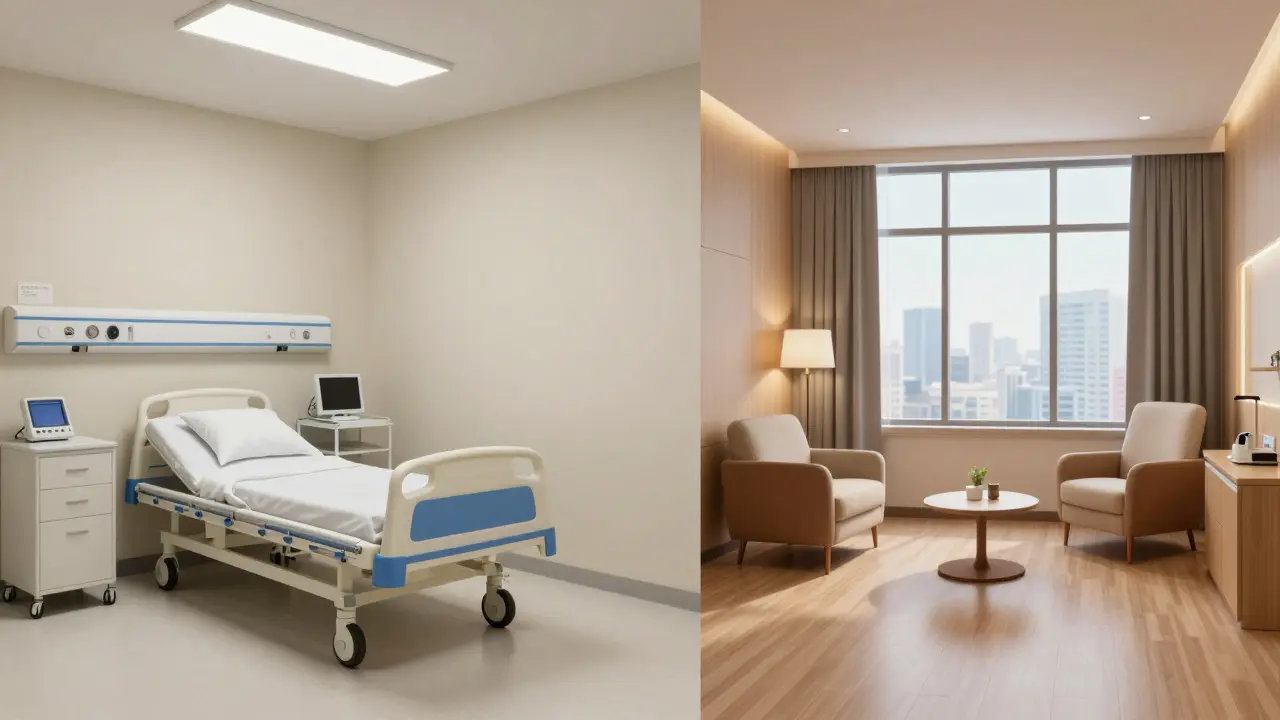 Comparison of a standard public hospital room and a luxury private clinic room