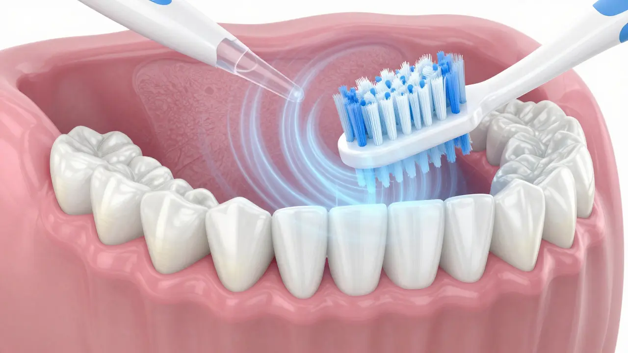 Conceptual illustration of sonic vibrations cleaning between teeth and gums