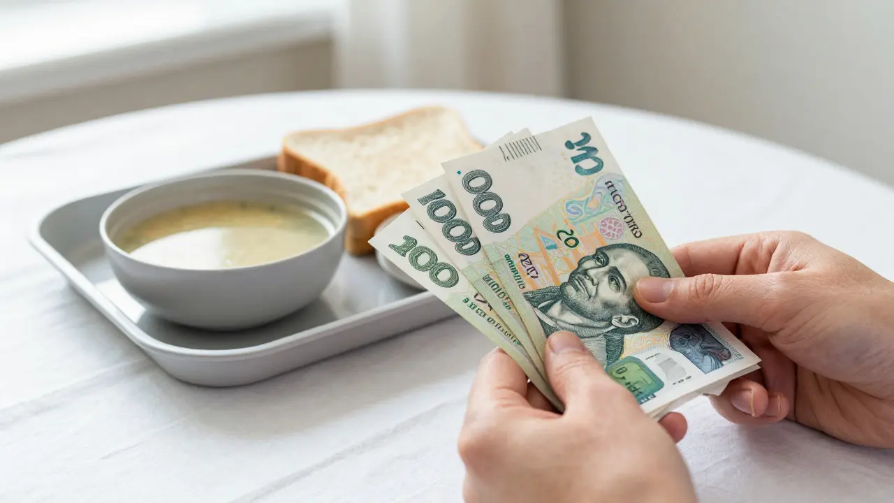 Czech banknotes placed next to a hospital meal tray on a table