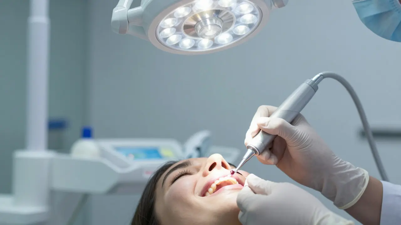 Dentista aplikuje bezbolestnou infiltrační léčbu na zub