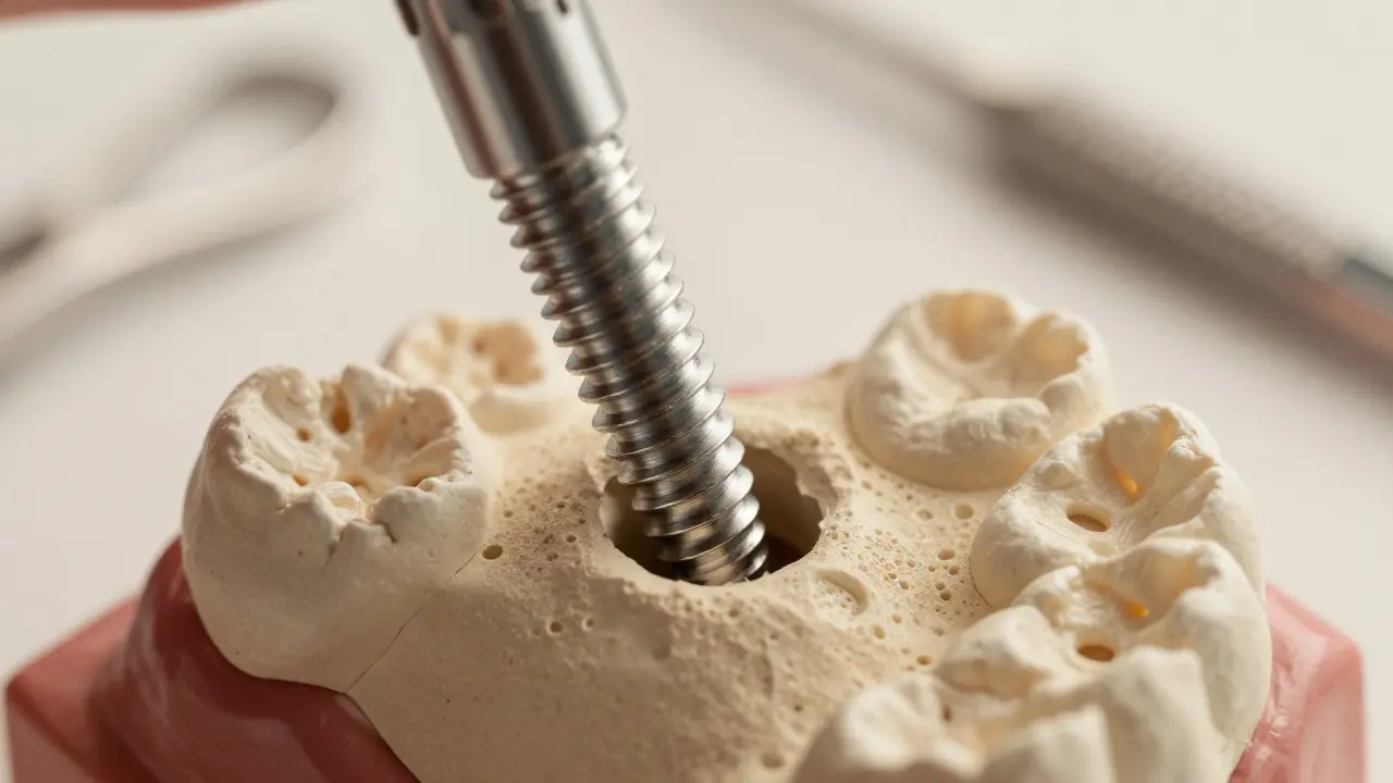 Detail titánového implantátu integrovaného do kosti