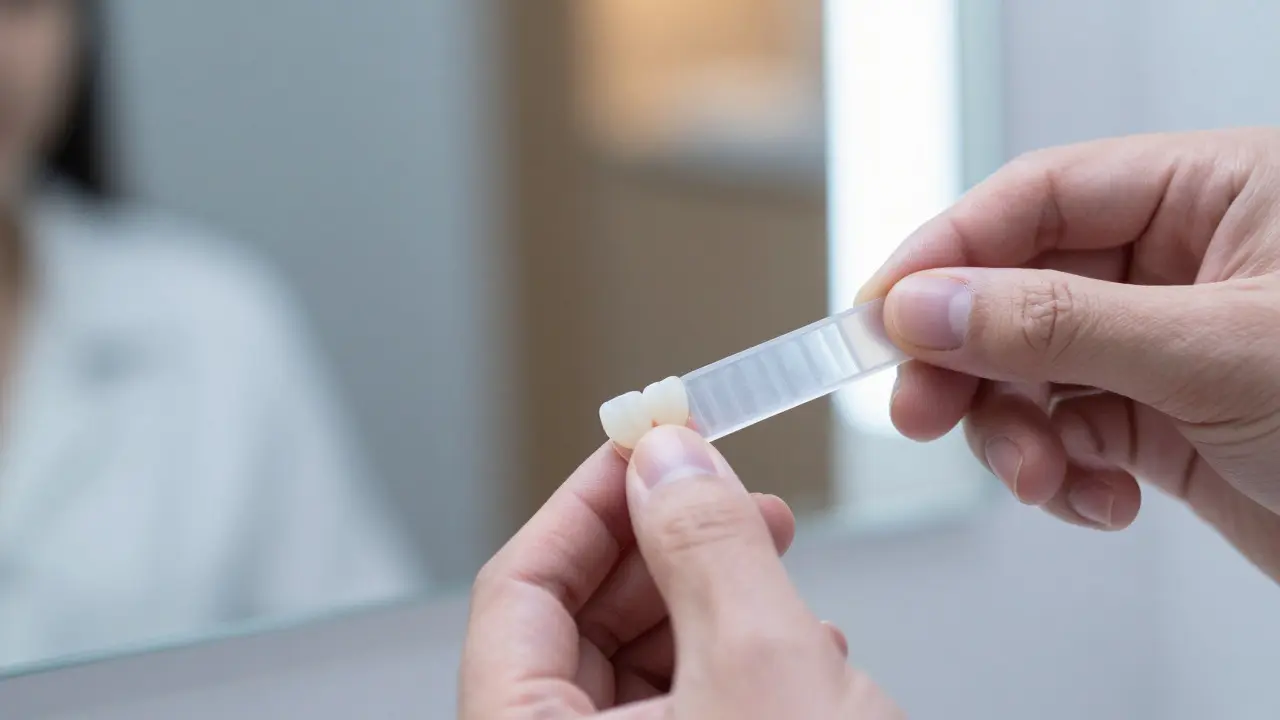 Detailní záběr na aplikaci dentální vložky na zuby