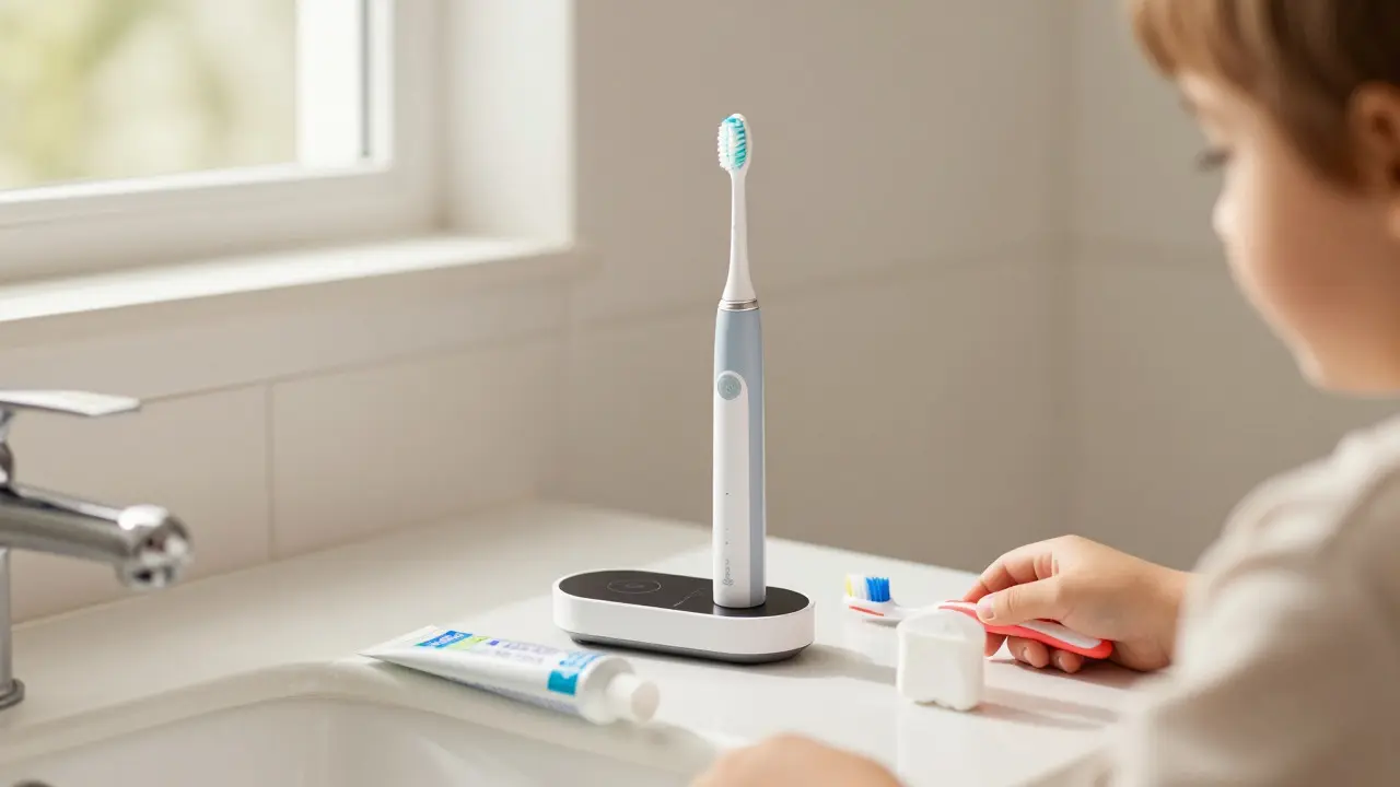 Family bathroom scene with adult and child sonic toothbrushes on charger