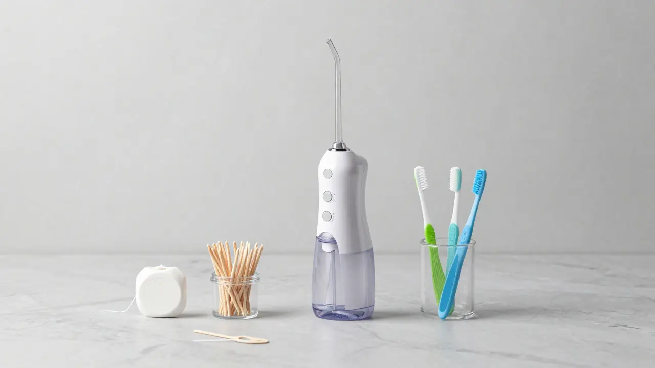 Přehled dentálních pomůcek včetně vodní zubařky a zubní niti na mramorovém pultě