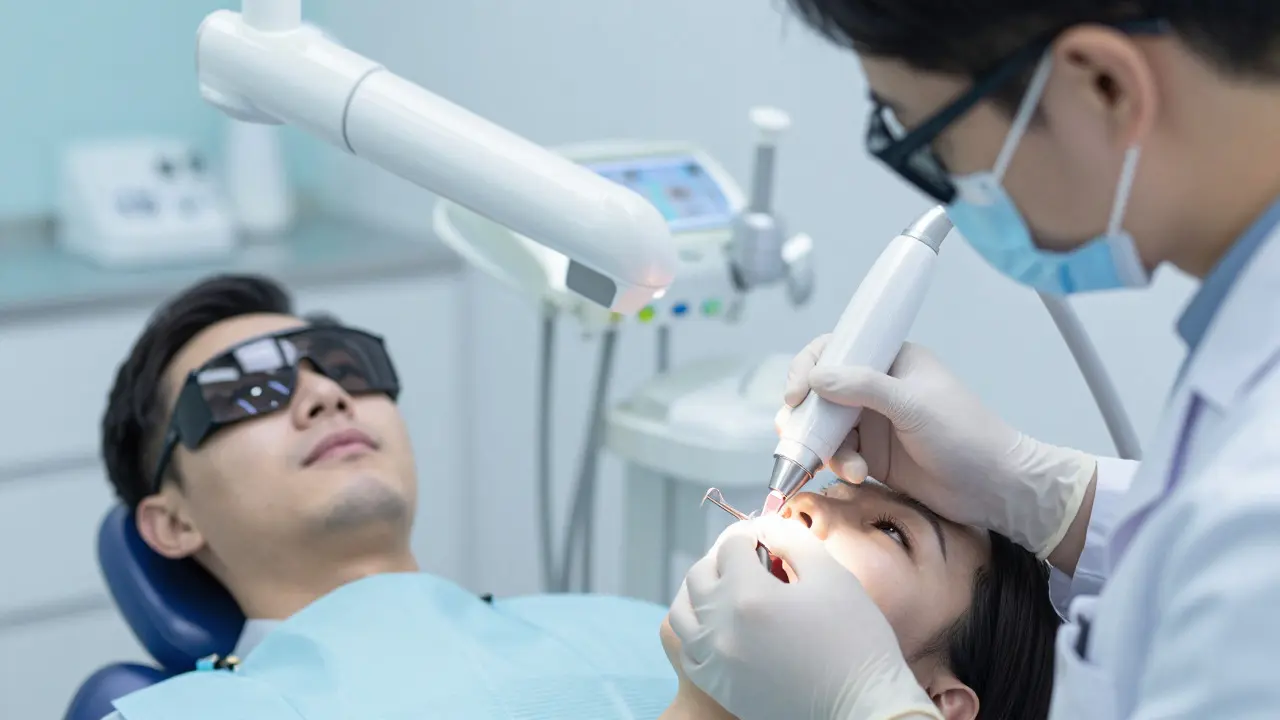 Stomatolog používající laserové zařízení k ošetření zubu pacienta v ordinaci