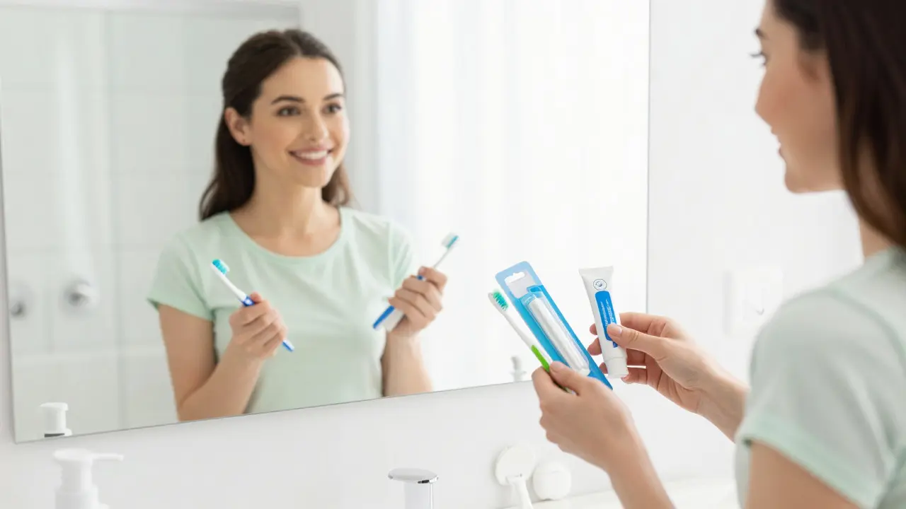 Žena s ústním hygienickým vybavením v koupelně