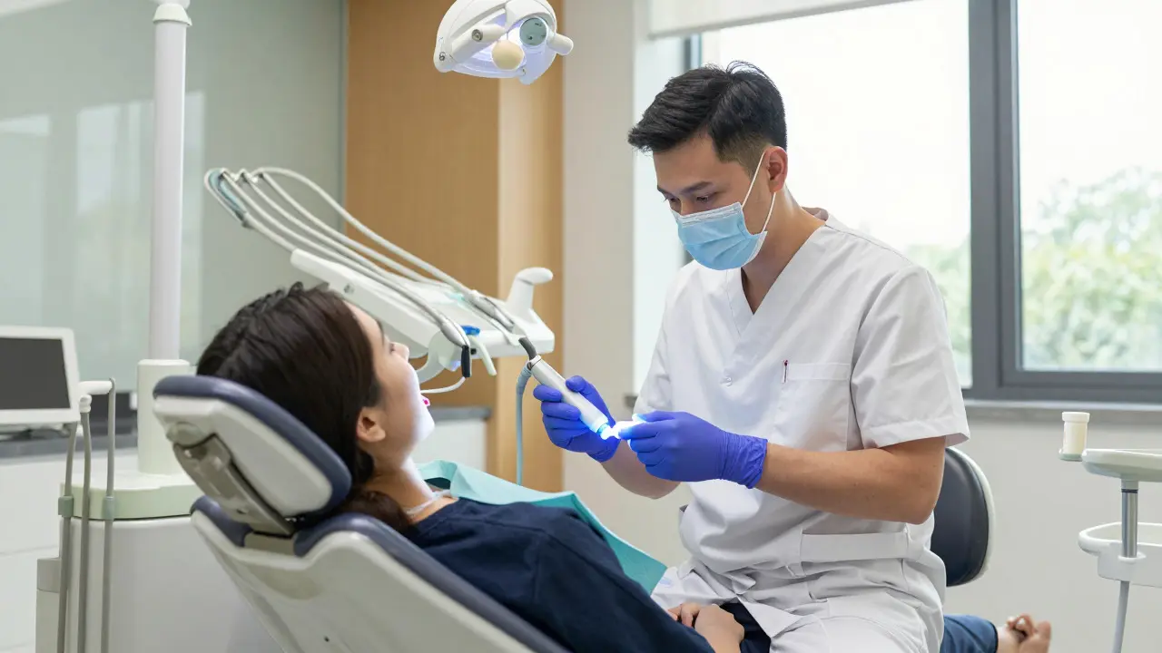 Zubař provádí profesionální laserové bělení zubů