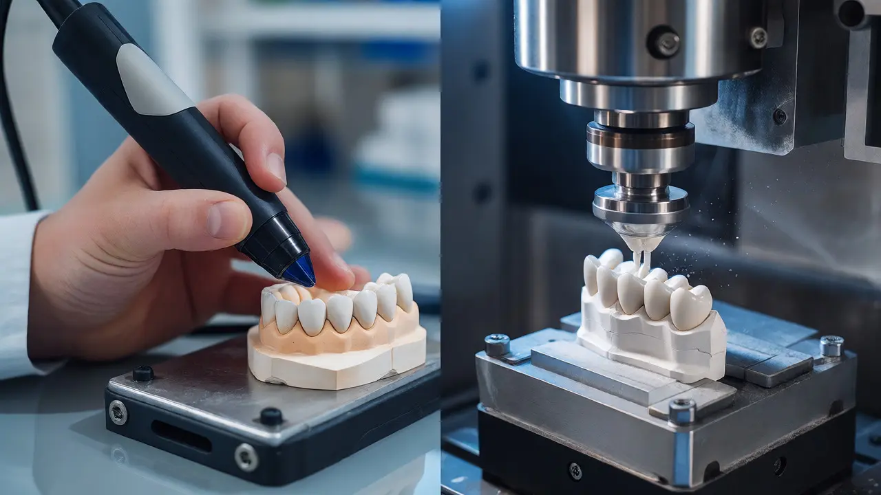 Digitální skenování a frézování zirkonové korunky v laboratoři
