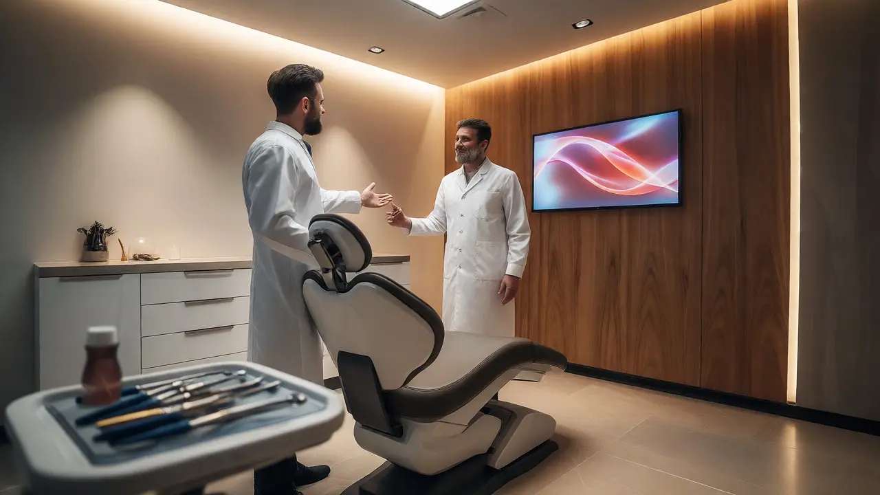 Interiér luxusní stomatologické ordinace s lékařem ukazujícím digitální plán úsměvu.