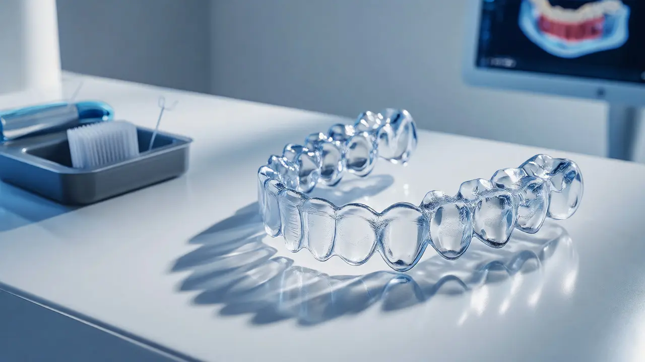 Průhledná rovnátka vedle hygienické sady a digitálního skenu zubů