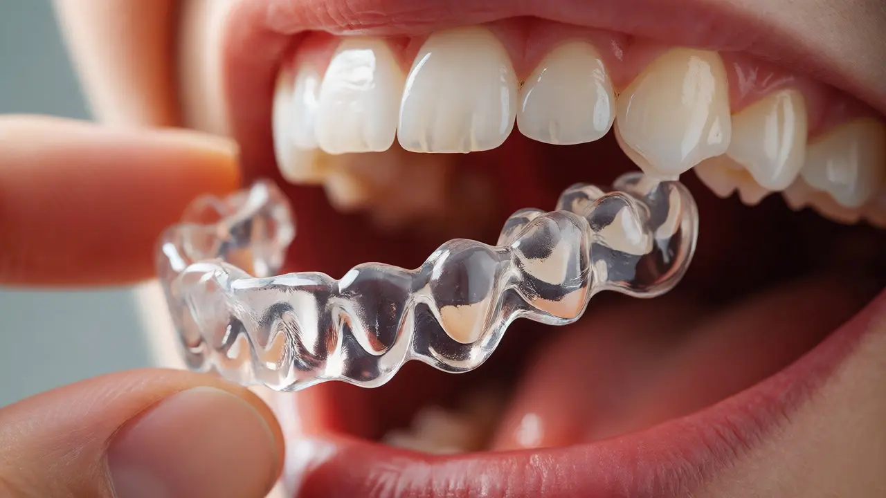 Průhledný plastový retainer před nasazením na zuby v ústech