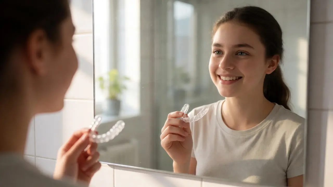 Teenagerka drží průhledná snímacelná rovnátka před zrcadlem