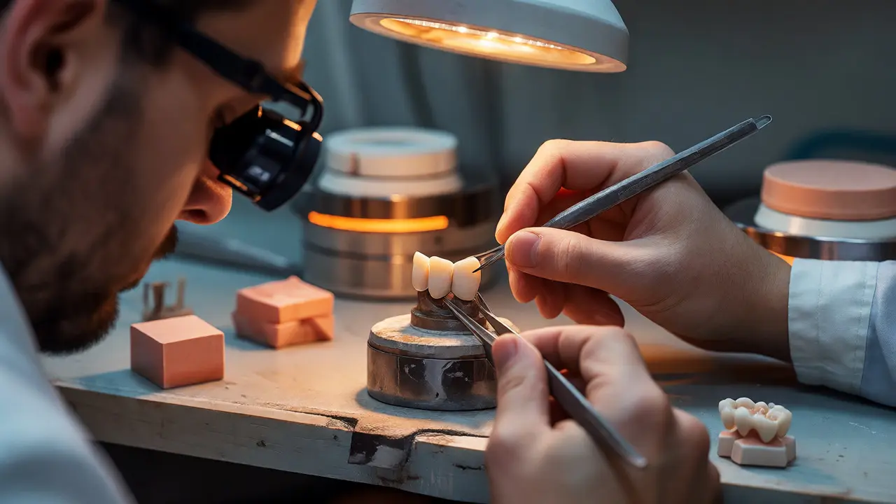 Zubařský technik ručně opracovává keramickou korunku v laboratoři.