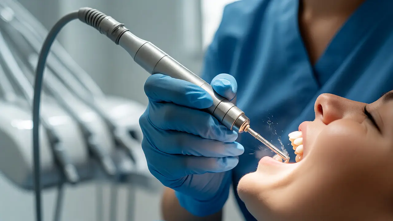 Dentální hygienista odstraňuje zubní kámen ultrazvukovým přístrojem