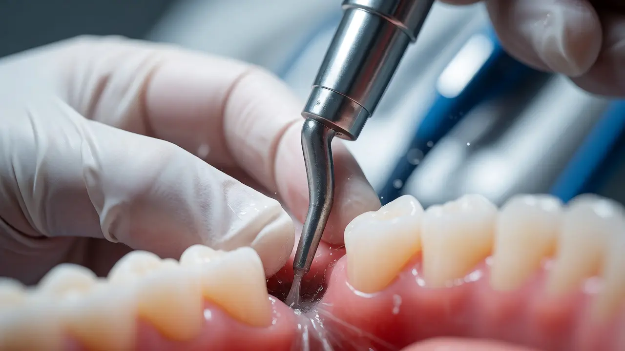 Dentista používá ultrazvukový přístroj k čištění kořene zubu