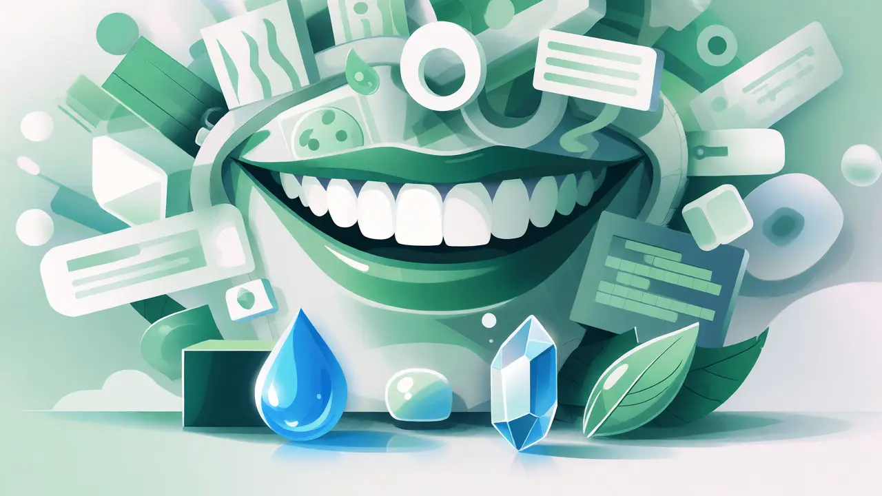 Ilustrace zdravého úsměvu obklopeného ikonami účinných látek