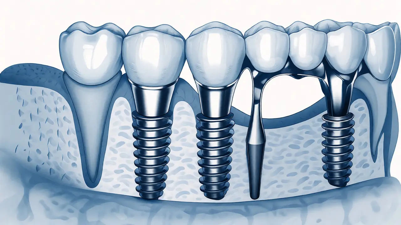 Medicínská ilustrace procesu vkládání titanových zubních implantátů do kosti.