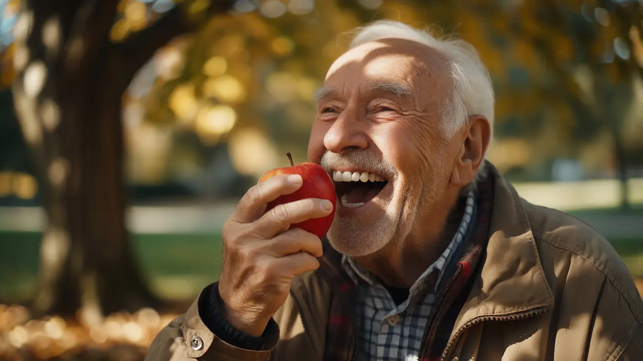 Senior kousající do jablka jako důkaz pevnosti zubů